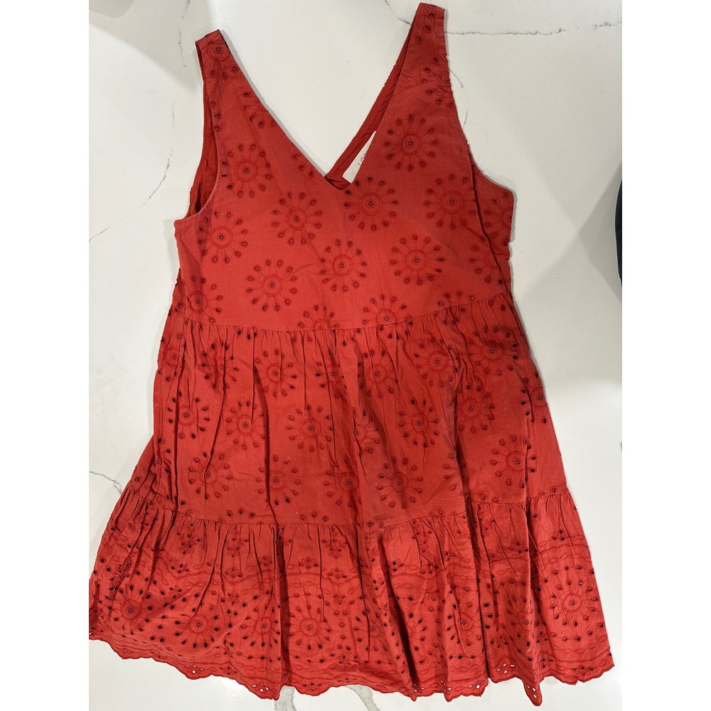Loft Women Eyelet Tiered Mini Dress V-Neck Sleeveless Cotton Size S